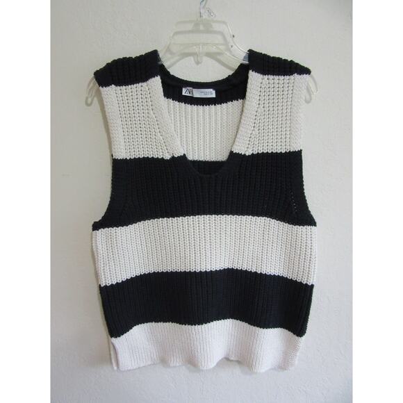 ZARA Black and White V-Neck M Pullover Sleeveless Chunky Knit Stripe Sweater - Picture 1 of 4